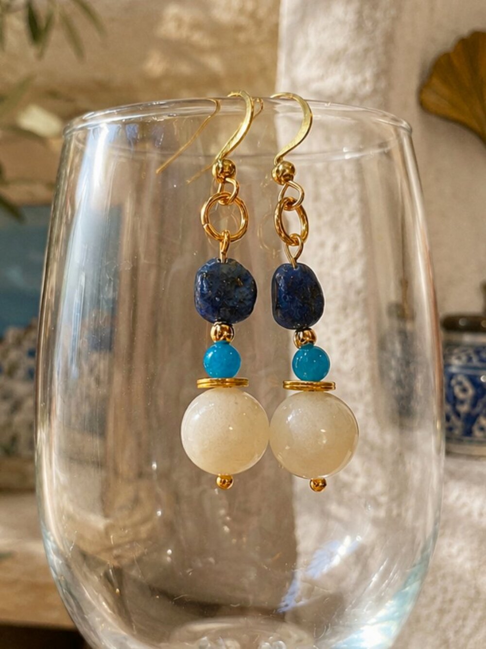 Lapis Lazuli Coastal Earrings, White Chalcedony Gold Dangles